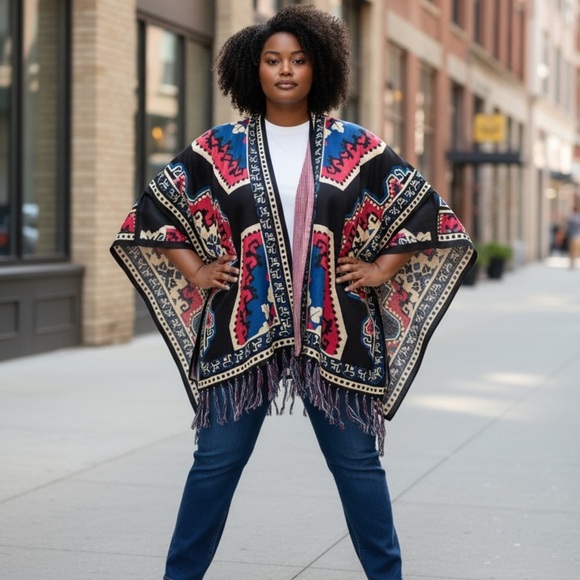 Flying Tomato Jackets & Blazers - Flying Tomato Open Front Fringe Trimmed Black, Pink & Purple One Size Kimono